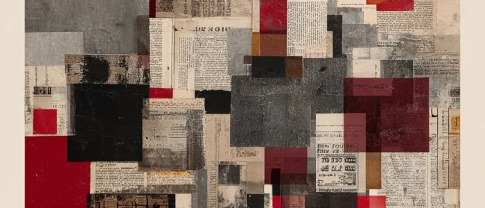 Abstract collage of newspaper scraps and grey, black and red squares inside a cream border
