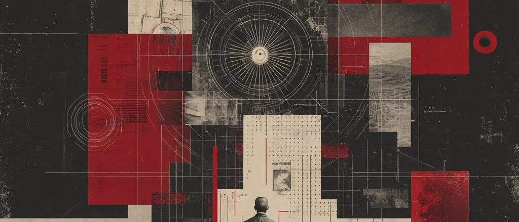 Collage of a man seen from behind facing red, black and cream panels with dials, grids and a landscape with a tree