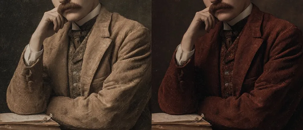 Two versions of a sepia studio portrait of a young man with a thick moustache, chin on hand, leaning on a stack of worn books.