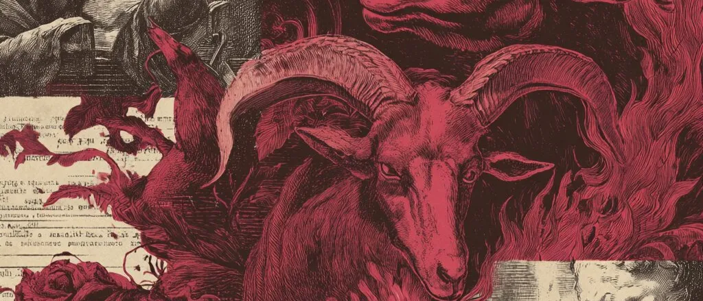 Red and black engraving-style collage of horned rams amid flames, with a rose and two engraved men