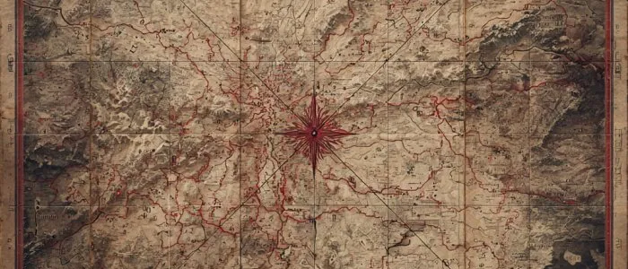 Aged relief map crossed by red route lines, with a red compass star at the centre and a red border