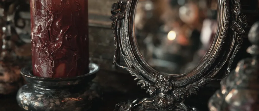 A lit red candle, an ornate oval mirror and a pen resting on an old sheet of paper