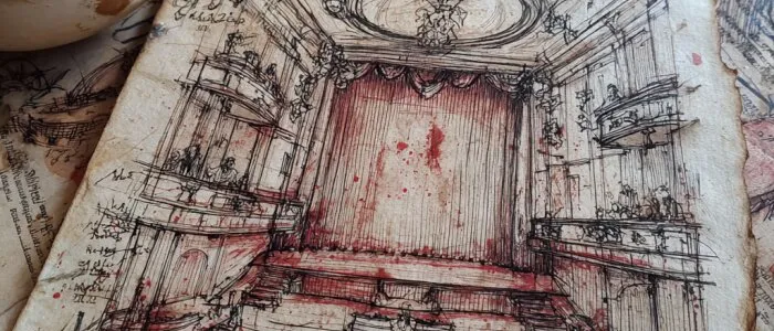 An ink sketch of a theatre auditorium on torn paper, splashed with red and marked with a large red X, beside a cup of coffee