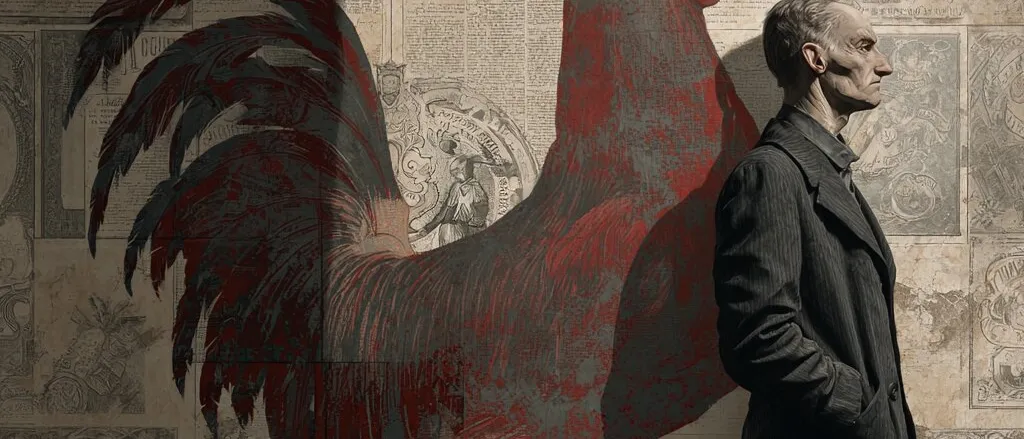 Large red rooster on a wall of old newsprint and engravings, a gaunt man in a dark coat standing beside it