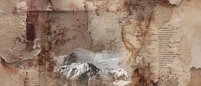 Collage of torn, stained paper and old maps around a small photo of snowy mountain peaks, in beige and rust tones