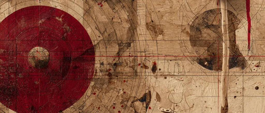 Abstract collage of beige paper with fine circles and grid lines, a large dark red disc and red paint drips