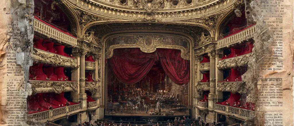 Gilded opera house interior with red velvet boxes and curtain and an orchestra, framed by torn newspaper