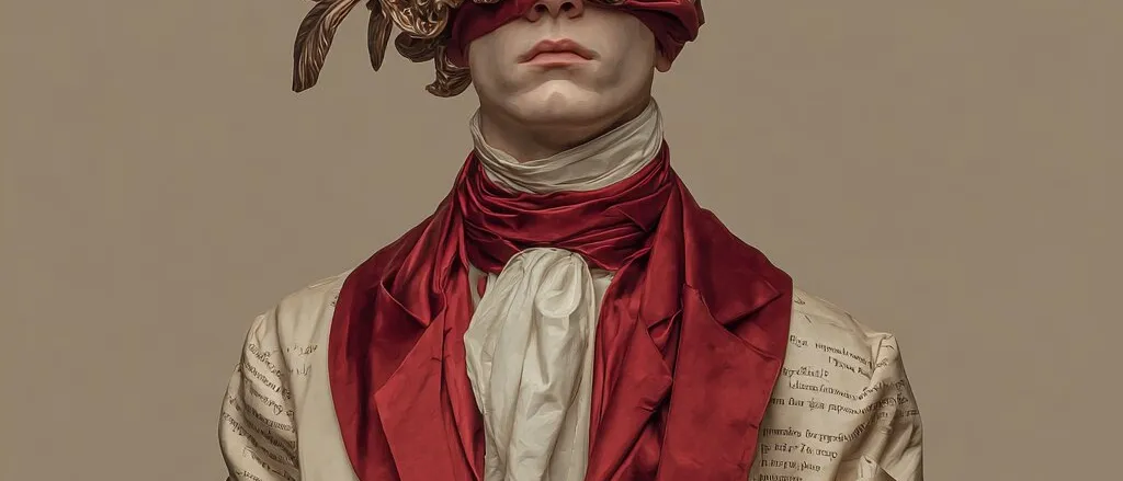 A blindfolded figure in a text-printed cream coat and red silk scarf, wearing an ornate gilded headpiece and holding a paper scroll
