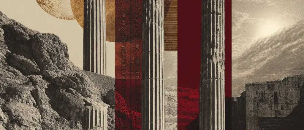 Collage of three fluted stone columns before rocky hills and ancient walls, with two moons and vertical bands of deep red.