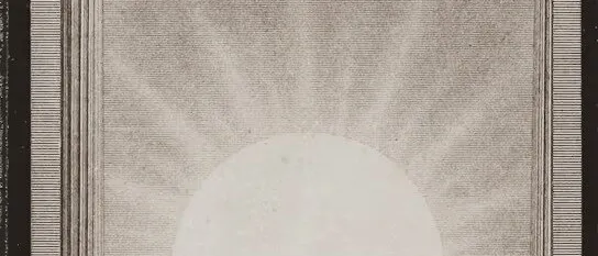 Antique engraving of a glowing sun between two columns under a pink drape lettered with its diameter and distance