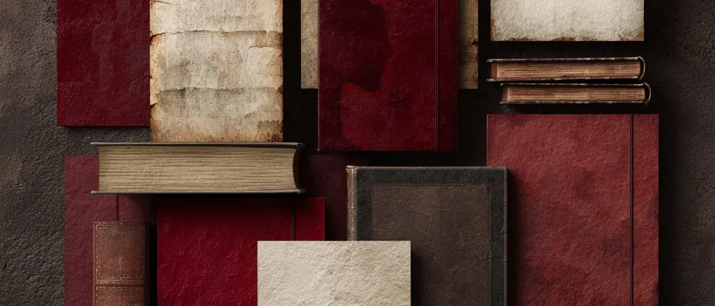 Flat lay of dark red, brown and cream book covers, aged papers and leather-bound volumes on a dark brown ground