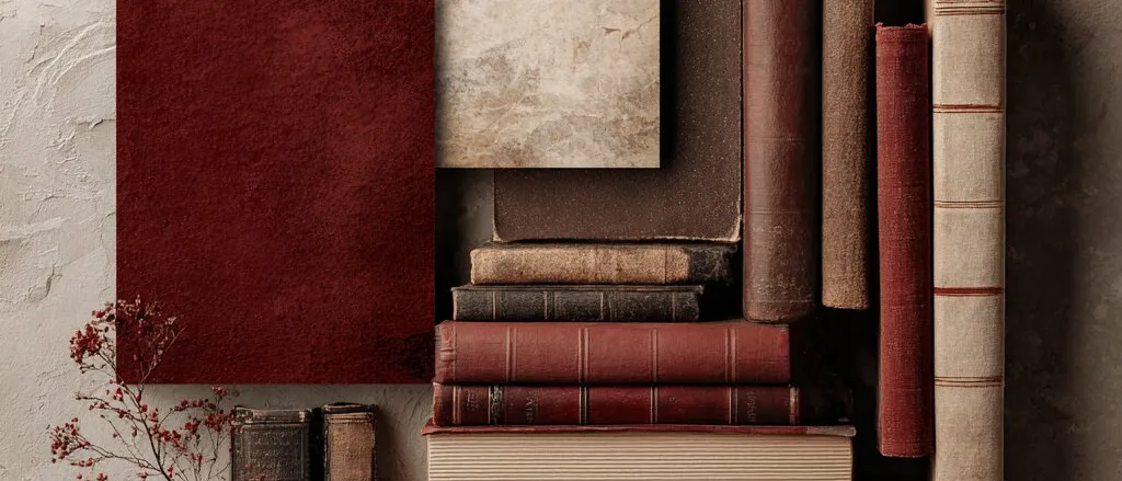 Stacked leather-bound books, a dark red panel and a sheet of aged paper beside a sprig of red berries, on grey plaster