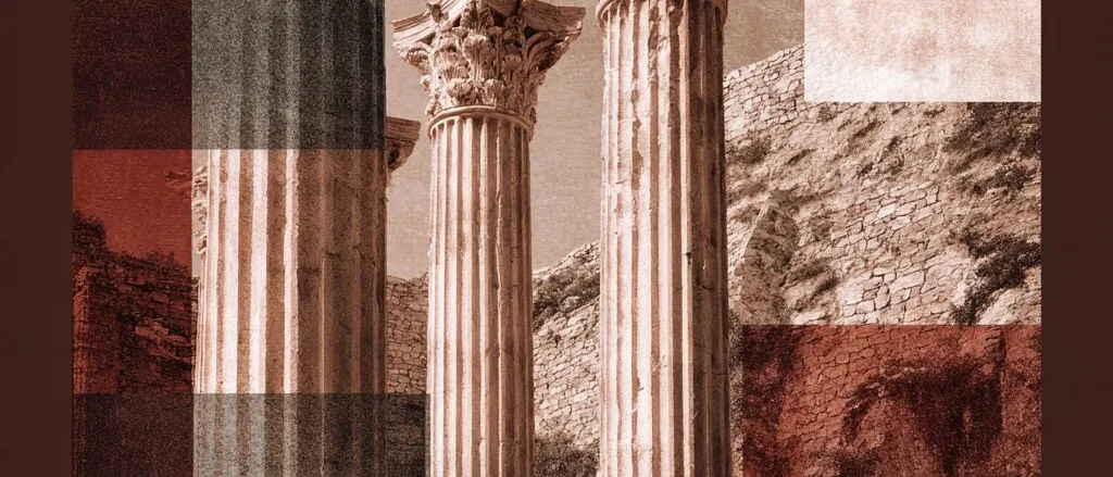 Collage of ancient fluted Corinthian columns before a stone wall, overlaid with red, grey and cream squares