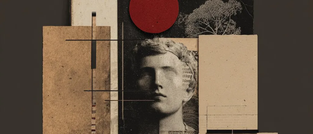 Collage of a photo of a classical bust, a tree print, a red disc and torn beige papers on a dark brown ground