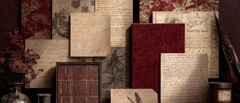 Dark red floral papers, handwritten letters and a feather on a shelf with old books, an ink bottle and dried berries