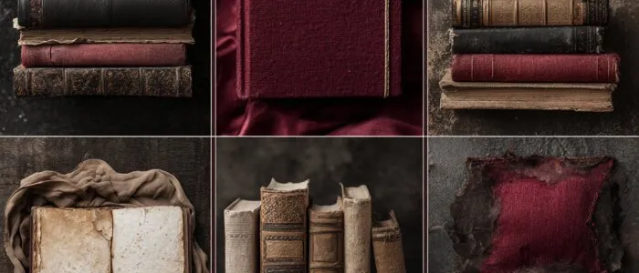 Six panels of old books: stacks of leather-bound volumes, a dark red cloth-bound book and torn parchment