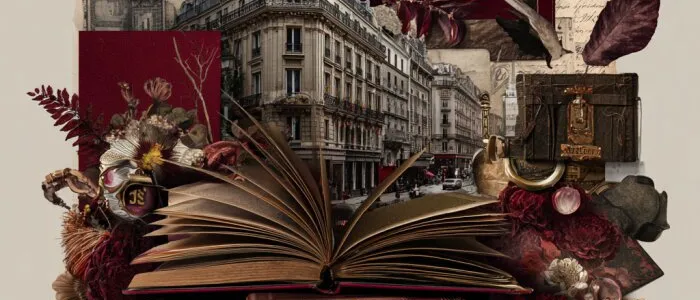 Collage of an open book and leather volumes amid dark red flowers, before a corner apartment building and old papers