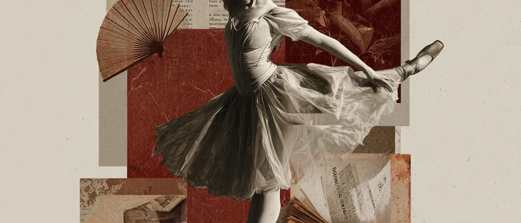 Collage of a ballerina en pointe in a tutu, one arm raised, over red and newsprint panels with a fan and open books