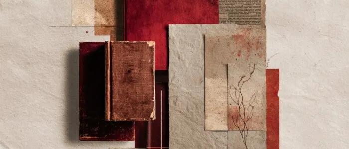 Flat lay of worn red and brown books, aged papers and a pressed plant sprig on cream paper