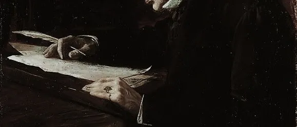 Painting of a man in a dark coat writing with a quill at a standing desk by a window, in deep brown tones