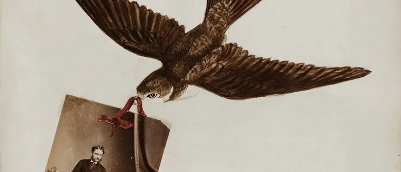 Sepia collage of a painted swallow carrying a photo of a seated Victorian couple by a red ribbon, on pale paper