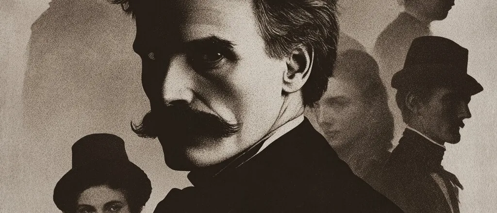 Sepia composite of a moustached man in a dark coat, with faded figures in 19th-century dress and top hats behind him