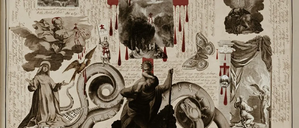 Sepia collage of religious engravings, a coiled serpent, angels and a red cross dripping red, amid handwritten verse