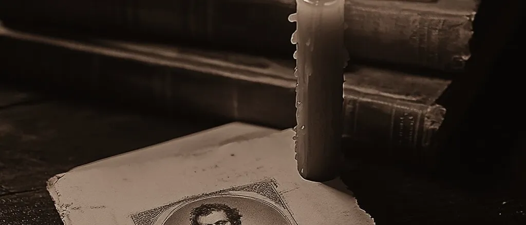 Sepia still life of a lit candle, old books and a torn letter bearing an oval portrait of a man and a wax seal