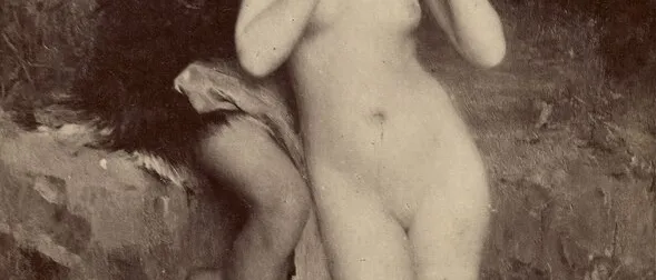 Sepia reproduction of a painting: a nude young woman playing a pipe, a bare-chested young man behind her, in woodland
