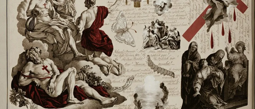 Sepia collage of religious engravings with a reclining man marked by a red cross, angels, mourners and handwritten verse