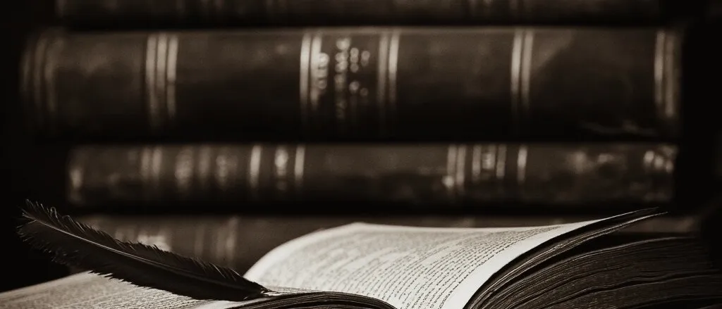 Sepia photograph of an open book with a black quill resting on it, before a stack of leather-bound volumes