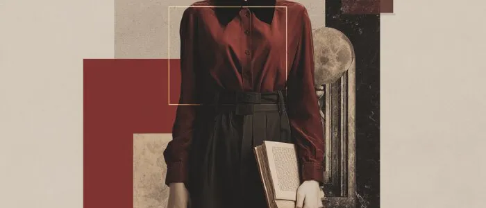 Collage of a woman in a red blouse and dark skirt holding a book, her face hidden by a red square, on beige panels