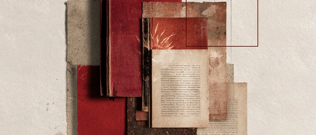 Collage of red and brown book covers and aged printed pages, overlaid with thin red outline squares, on cream paper