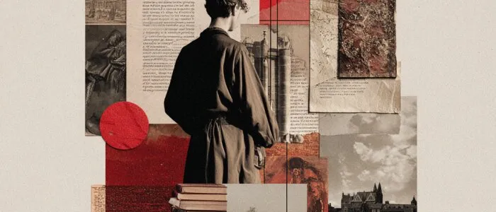 Collage of a young man seen from behind among red blocks, printed pages, stacked books and a sepia Gothic building