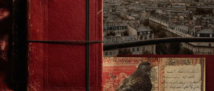 Collage of a red leather notebook on red fabric, dark birds, a handwritten page and Paris rooftops with the Eiffel Tower