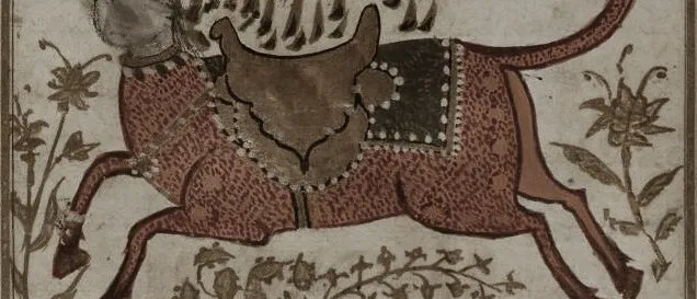 Painted miniature of a leaping red-brown horse-like creature with a crowned head and saddle cloth, among flowering plants
