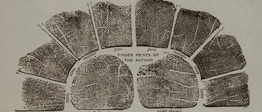 Title page of Francis Galton's Finger Prints, with an arc of the author's ten inked fingerprints labelled by finger