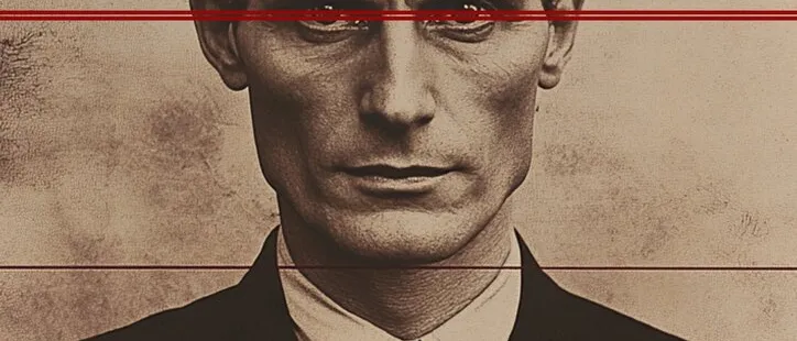 Sepia portrait of a man with curly dark hair in a dark suit and tie, crossed by thin horizontal red lines