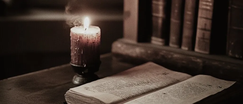 Sepia photograph of an open book beside a lit candle on a dark wooden desk, leather-bound books on a shelf behind