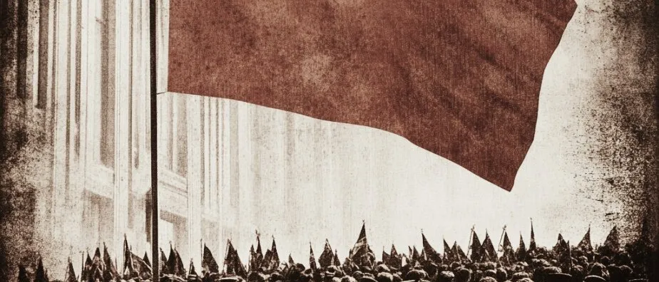 Sepia image of a large red flag above a dense crowd in peaked caps holding smaller flags, between tall buildings