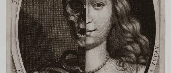 Engraved oval portrait split down the middle: half a young woman with flowers and pearls, half a skull and skeleton