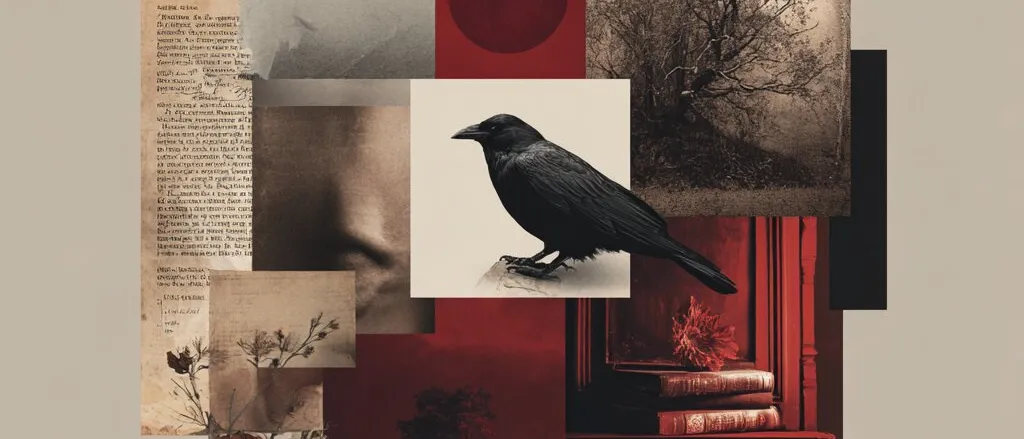 Collage of a black crow amid red panels, a sepia tree, a red field, printed pages, dried flowers and red books