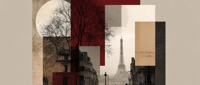 Collage of a Paris street with people walking toward the Eiffel Tower, a bare tree, a pale moon and red and beige panels