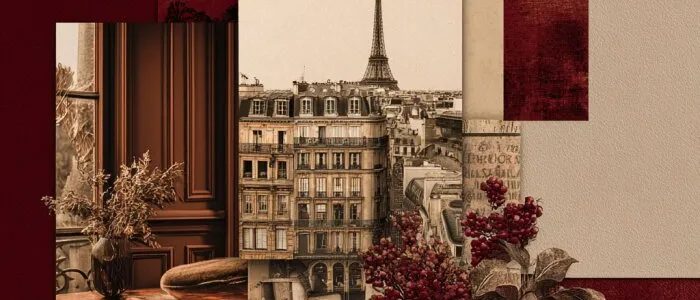 Collage of Paris buildings with the Eiffel Tower, a panelled room with dried flowers, red berries and burgundy cloth