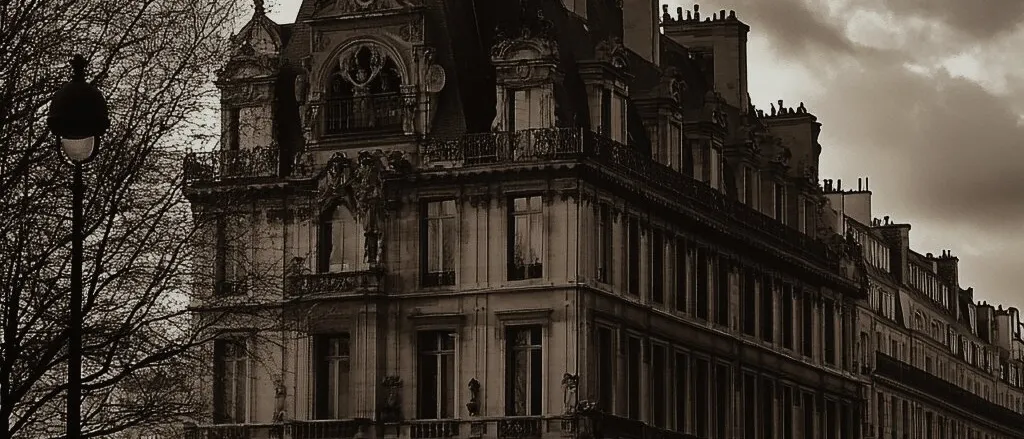 Sepia photo of an ornate stone building with a steep slate roof under a cloudy sky, with bare trees and a street lamp