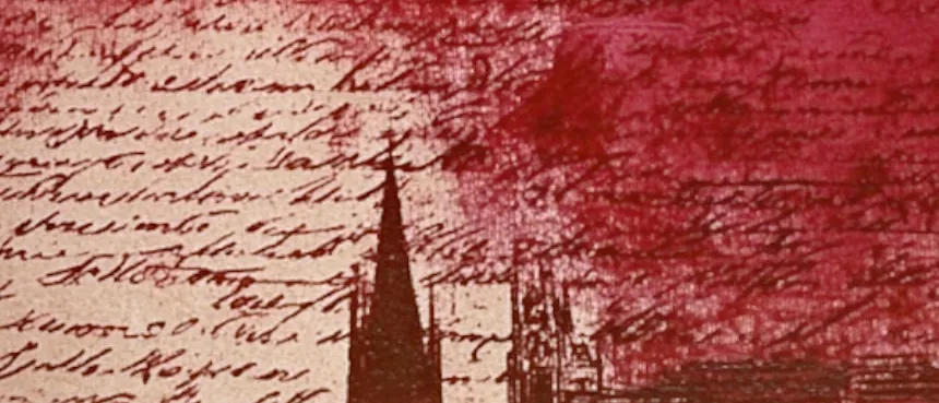 Round crimson-stained image of faded handwriting, the dark silhouette of a Gothic church spire and a wax seal
