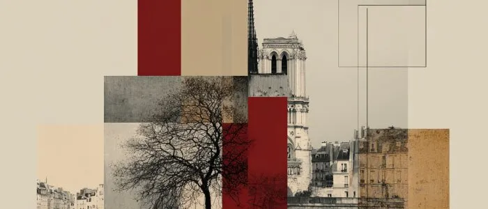 Sepia collage of Paris scenes, Notre-Dame and a man walking on a quay, overlaid with red and beige blocks and a red circle
