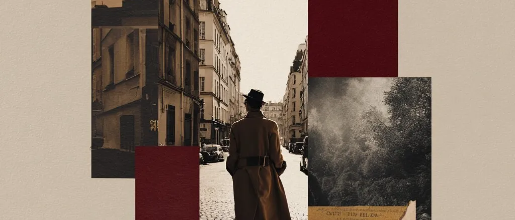 Collage of a sepia Paris street with a man in a hat and long coat walking away, misty trees, torn paper and dark red blocks