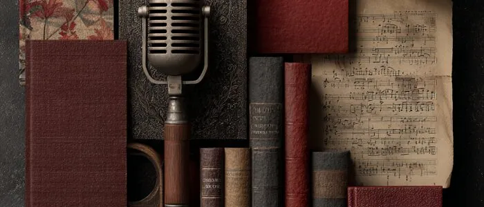 Vintage chrome microphone laid among red and brown leather books, sheet music, floral fabric and red berries on dark stone