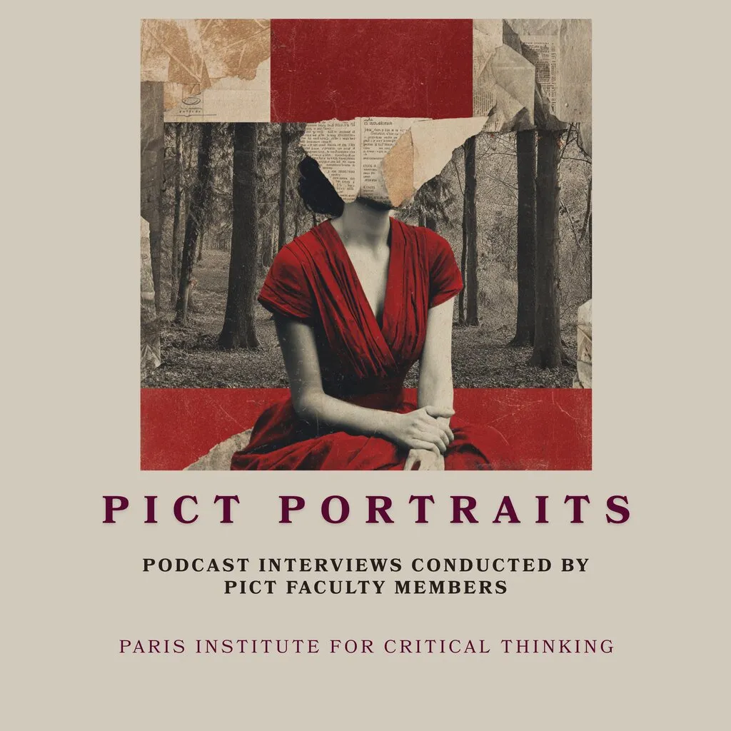 Cover of PICT Portraits: a seated woman in a red dress in a grey forest, her face covered by torn newspaper